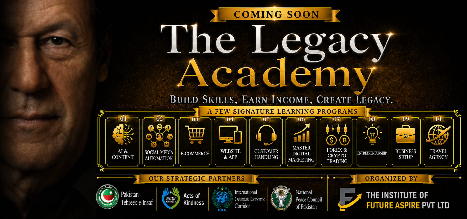 The Legacy Academy coming soon banner by The Institute of Future Aspire featuring learning programs, business skills, and digital growth education